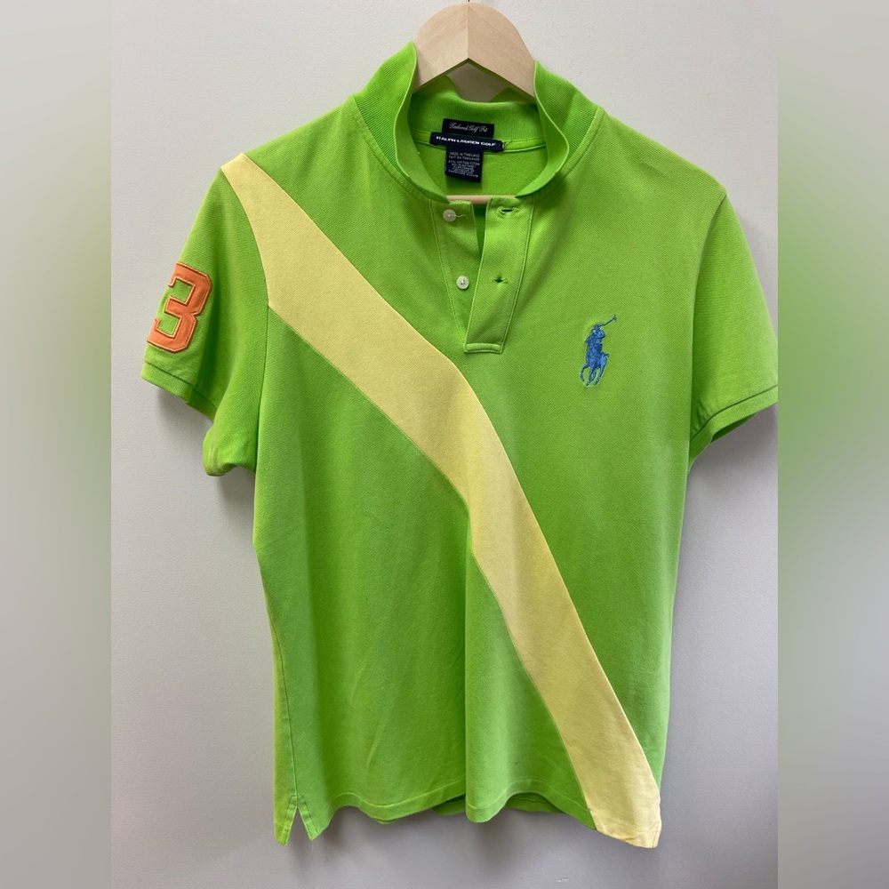 Women’s Ralph Lauren Golf Lime Green Polo with yellow Stripe and 3